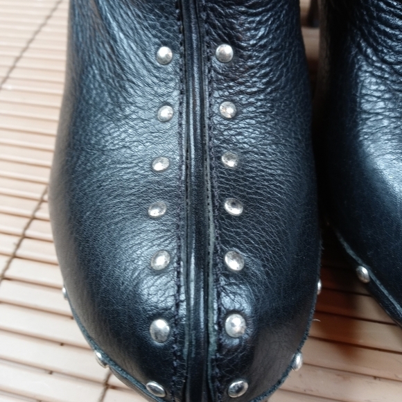 Michael Kors women's black leather 4" heel wood platform mule. Silver studs. Sz - Picture 4 of 10